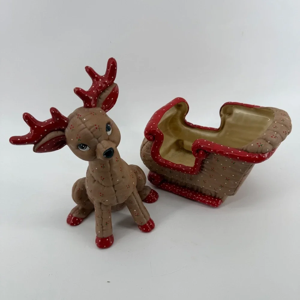 Vintage 1986 Signed Kimple Mold Quilted Christmas Ceramic Reindeer & Sleigh Set